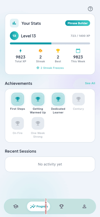 Progress tracking with stats, achievements, and streaks